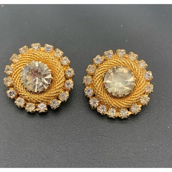 Vintage Rhinestone Halo Round Textured Mesh Gold Tone Clip On Earrings - Picture 2 of 4